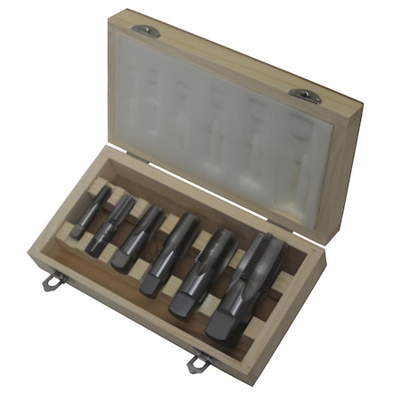 DRILL AMERICA 6Pc. NPT Pipe Tap Set, 1/8, /1/4, 3/8, 1/2, 3/4, 1", wooden box DWTPT1/8-1SET